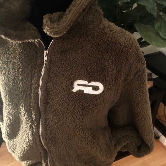 Olive Green Sherpa Slouchy Zip Up Fleece Jacket - Picture 3 of 4